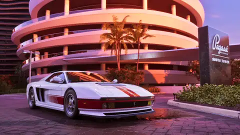 GTA 6 Grotti Cheetah sports car parked by a pink Vice City building