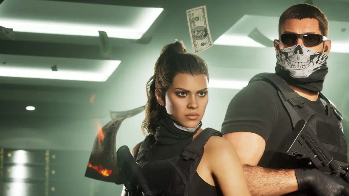 GTA 6 heist image of Jason and Lucia masked in a corridor
