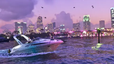 GTA 6 Online promo style image of a speedboat off the Vice City skyline