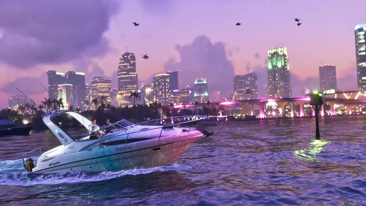 GTA 6 Online promo style image of a speedboat off the Vice City skyline