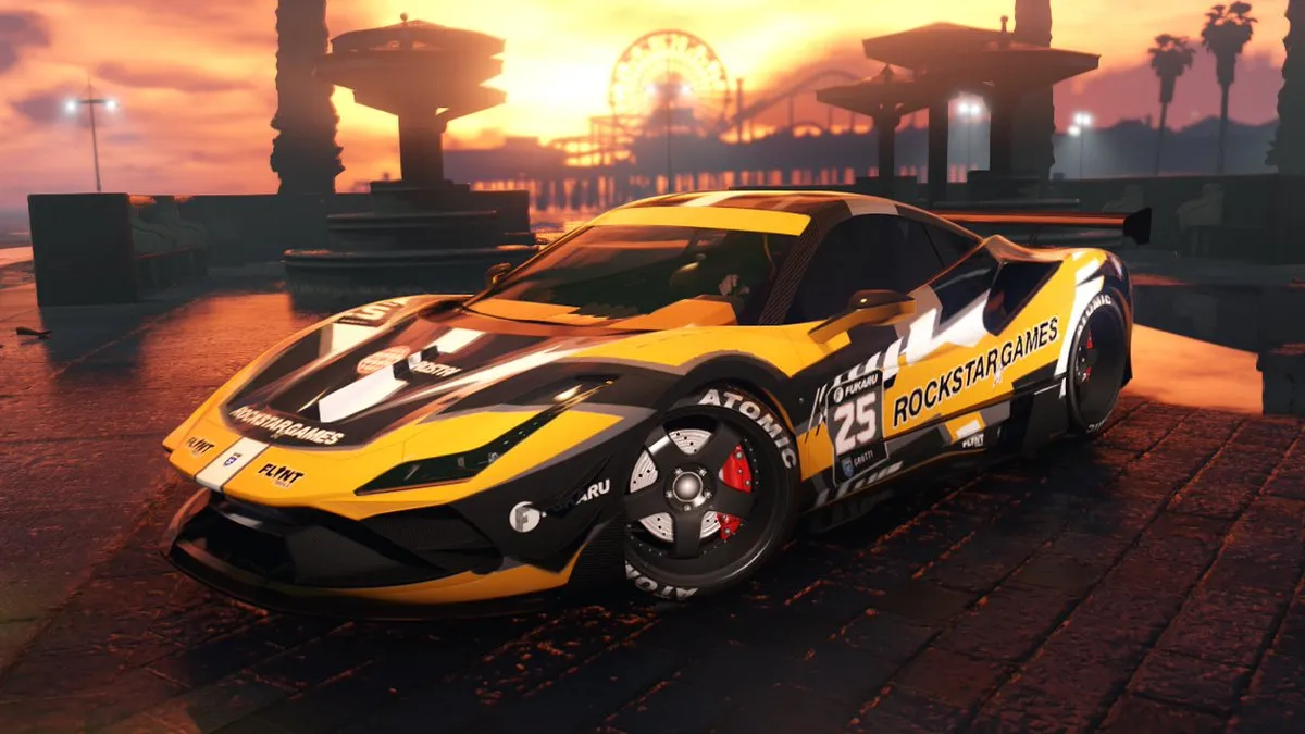 Grotti Turismo Omaggio with Rockstar Motorsport livery at Del Perro Pier in a Rockstar Games image for GTA Online
