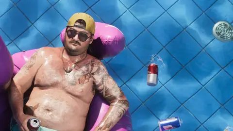 GTA 6 Only in Leonida promo of a man floating in a pool