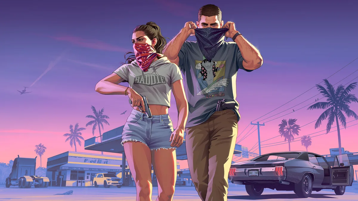 Lucia and Jason pull up bandanas outside a Leonida petrol station at dusk